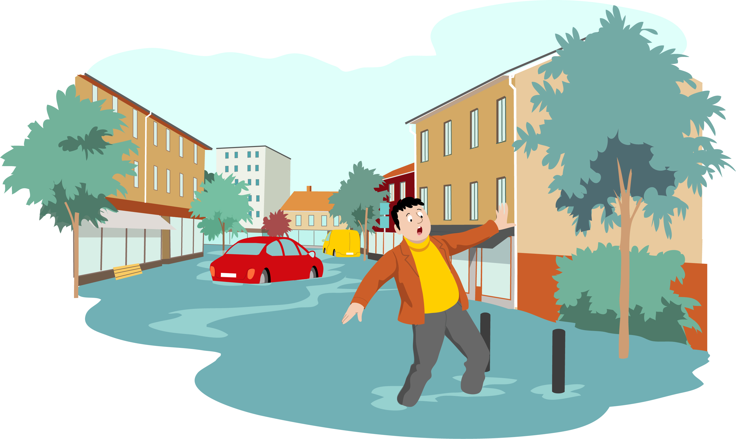 Illustration av man som går på översvämmad gata.