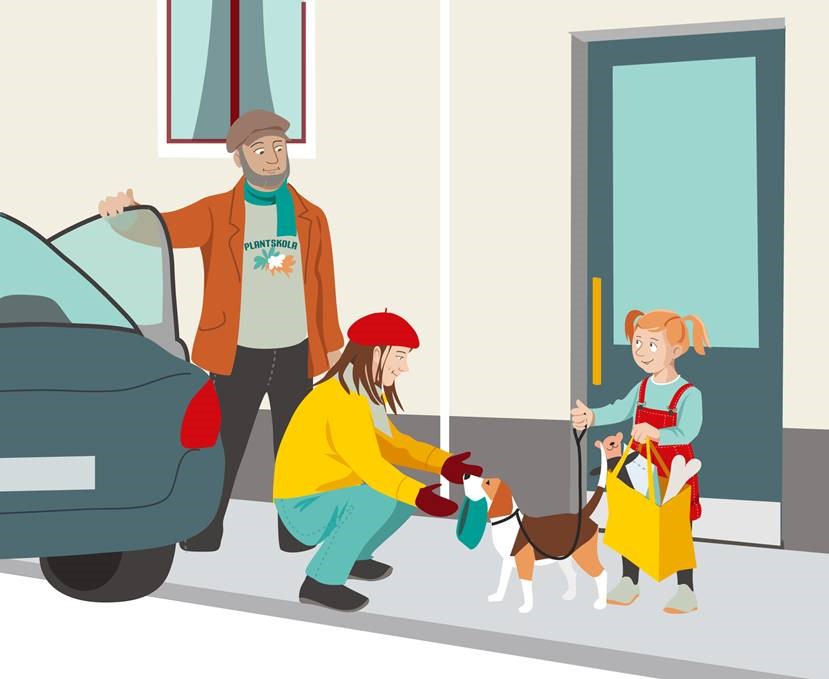 Två vuxna och ett barn säger hejdå till hunden.